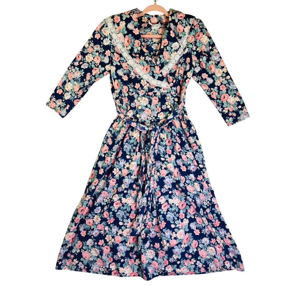 Vintage Maggie Lawrence Floral Lace Trim Midi Dress Prairie Cottagecore 80s L/S